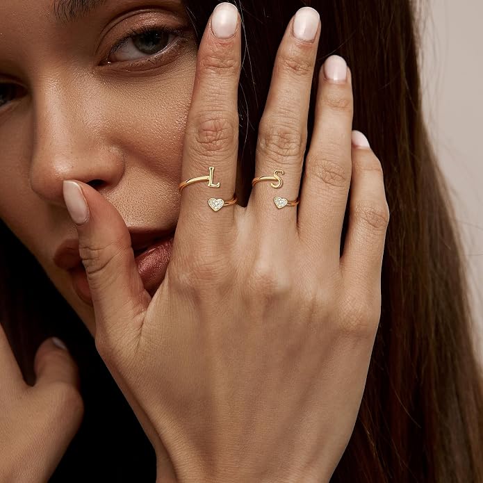 MILACOLATO 925 Sterling Silver Initial Rings for Women Teen Girl 18K Gold Plated Heart Initial Rings Adjustable Capital Letter Ring Stackable Thumb Pinky Rings for Daughter Birthday Bridesmaid Gifts Jewelry, A to Z