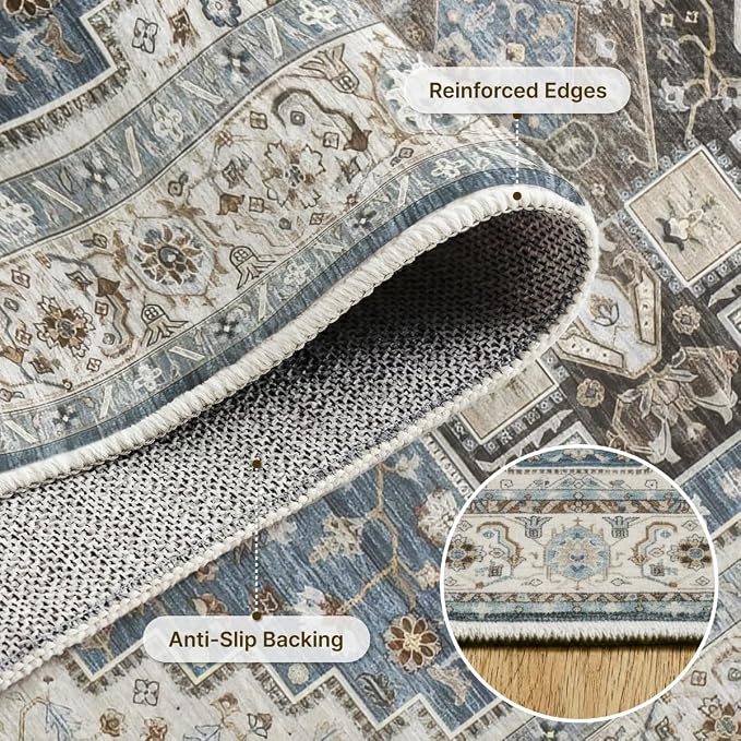 10x12 Area Rug for Living Room-Vintage Farmhouse Boho Floral Washable Stain Resistant Indoor Carpet for Bedroom Office and Home DecorFloral(Floral Blue)