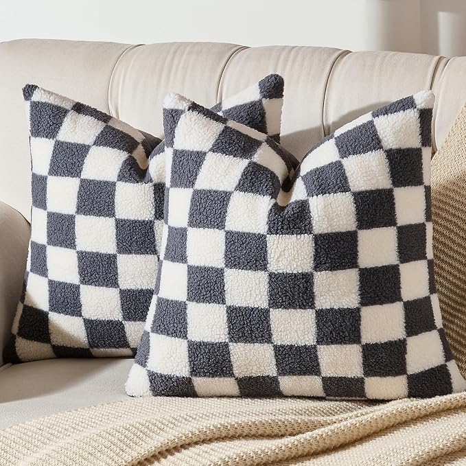 AmHoo Pack of 2 Decorative Throw Pillow Covers Checkerboard Luxury Super Soft Faux Fur Wool Set Case Cushion for Couch Sofa Bedroom 20 x 20-Inch Gray