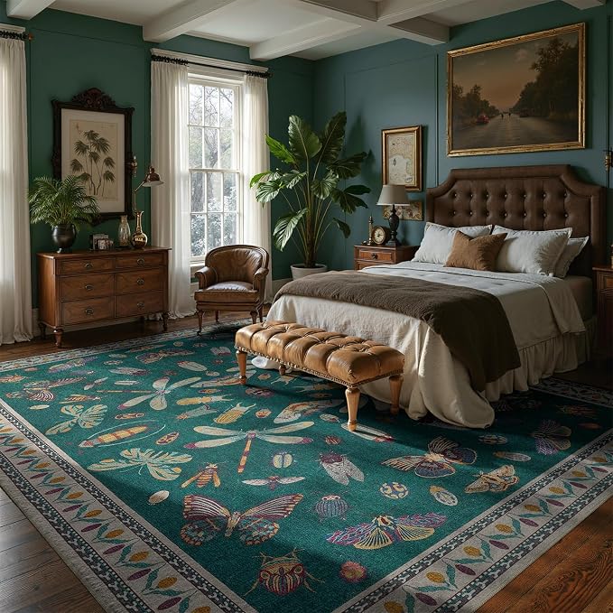 DCX 5x7 Washable Insect Rug, Vintage Gothic Deep Teal Rug with Non-Slip Rubber Backing, Soft Low-Pile, Stain-Resistant, Kid & Pet Friendly, for Living Room, Bedroom, Office, and Nature-Themed Decor