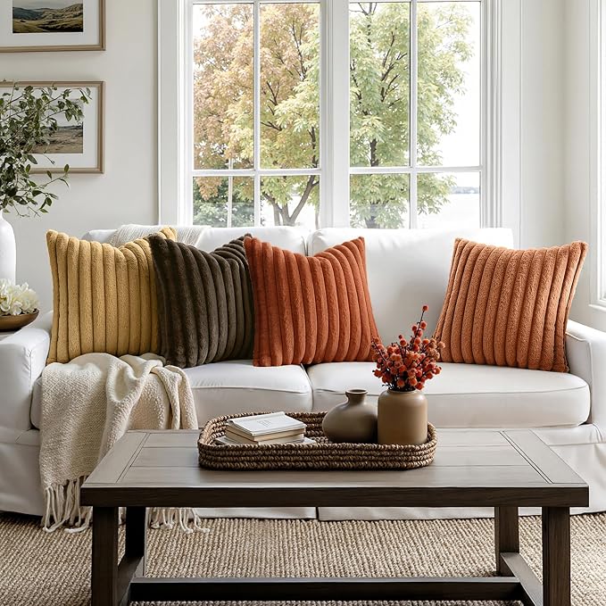 MIULEE Fall Faux Fur Plush Decorative Throw Pillow Covers 18x18 Set of 4, Boho Farmhouse Soft Fuzzy Striped Cushion Covers for Sofa Couch Bed Living Room Vintage Home Decor,Rust Orange