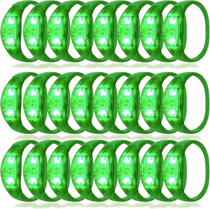 24 Pcs LED Glow Bracelets Sound Activated Music Control Light Up Bracelets for St Patty's Non Candy Goodie Gift Bag Stuffers Treats for Boy Girl For Birthday Party,Carnival,Concerts(green)