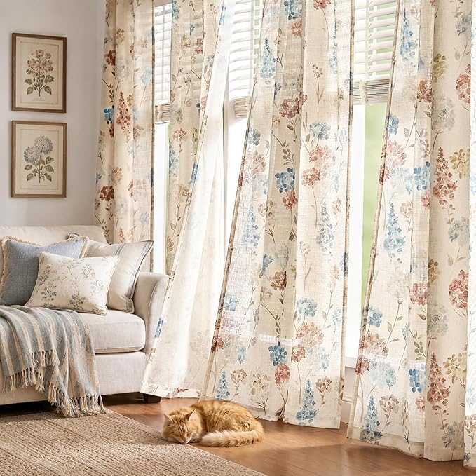 jinchan Floral Linen Curtains 96 Inch Vintage Cottagecore Back Tab 2 Panels | Light filtering drapes, semi sheer, farmhouse, botanical, watercolor, living room, bedroom, rod pocket, window treatment