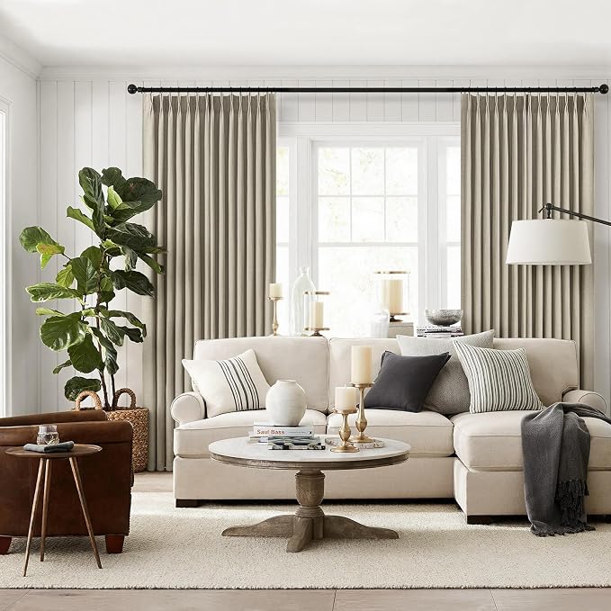 Topfinel 105 Inch Curtains 2 Panels Set,Two Packs Pinch Pleat Back Tab Linen Window Semi Sheer Privacy Thick Decorative Curtain Drapes for Living Room Bedroom,40x105 in Long,Grey Beige