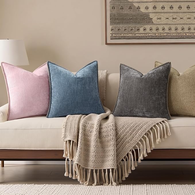 decorUhome Soft Chenille Throw Pillow Covers 20x20 Set of 2 Dark Grey | Fall Textured Decorative Throw Pillow Cases Stitched Edge Modern Farmhouse Luxury Boho Velvet for Couch Sofa Bed Home Decor