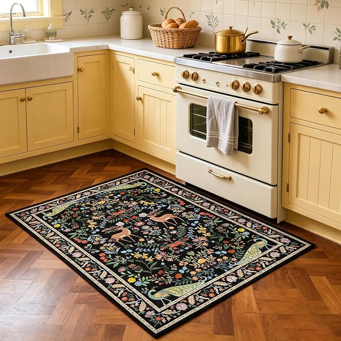 Small Vibrant Black Entryway Rug 2x3 - Front Door Rug Indoor Entrance, Small Carpet for Kitchen Floor, Bathroom, Powder Room, Washable Low Pile Non Slip, Floral Print Home Décor