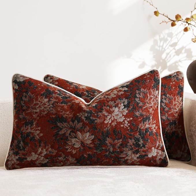 DEZENE Pack of 2 Vintage Floral Pillow Covers 12x20 Boho Farmhouse Accents Chenille Rectangular Lumbar Decorative Throw Pillow Cases for Living Room Couch Bed Home Decor, Rust