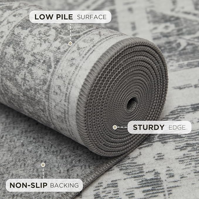 Joydeco 5x7 Area Rugs for Living Room, Non Slip Machine Washable Vintage Rug, Low Pile Thin Chenille Print Rugs for Bedroom, Dining Room, Pet & Child Friendly, Home Office, Light Gray&Dark Gray&White