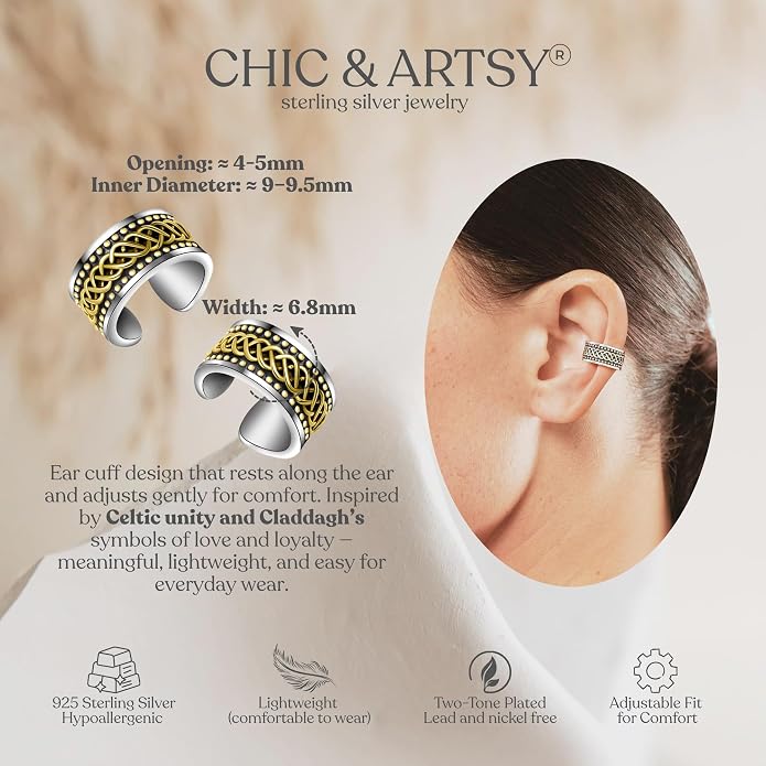 CHIC & ARTSY 925 Sterling Silver Ear Cuffs for Women, Non Piercing Clip On Cartilage Cuffs, Adjustable Fake Conch & Helix Earrings, Gold Plated & Oxidized Various Styles