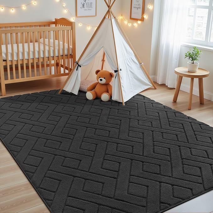 Macgace Ultra Soft Dark Grey Area Rug for Living Room, 6x9 Modern Geometric Shag Rugs with Nonslip Backing for Bedroom, Washable Fuzzy Carpet for Cozy Kids Room
