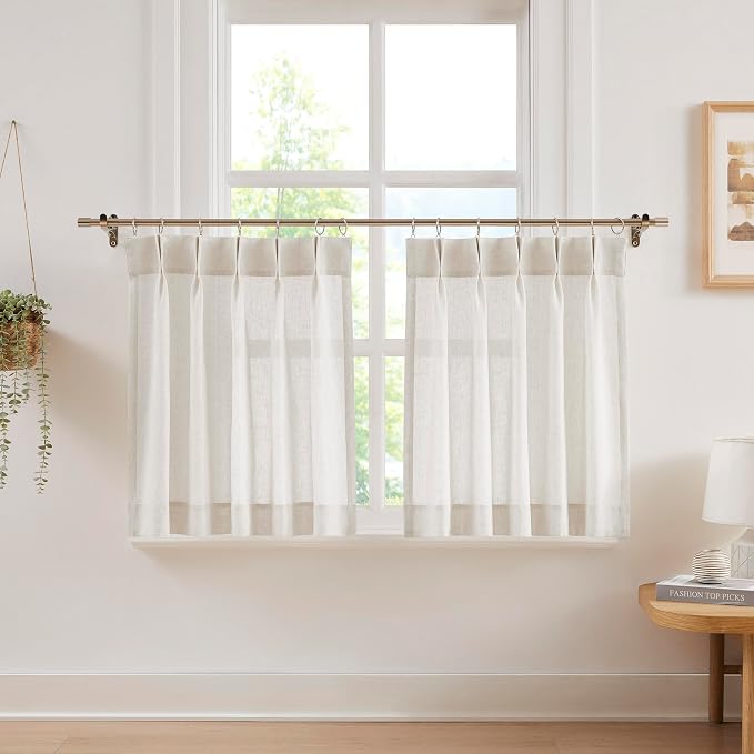 Vision Home Natural Linen Pinch Pleated Tier Curtains 36 inch, Semi Sheer Kitchen Curtains with Back Tab & Hooks, Light Filtering Small Window Panels for Bathroom Laundry, 25" Wx36 Lx2