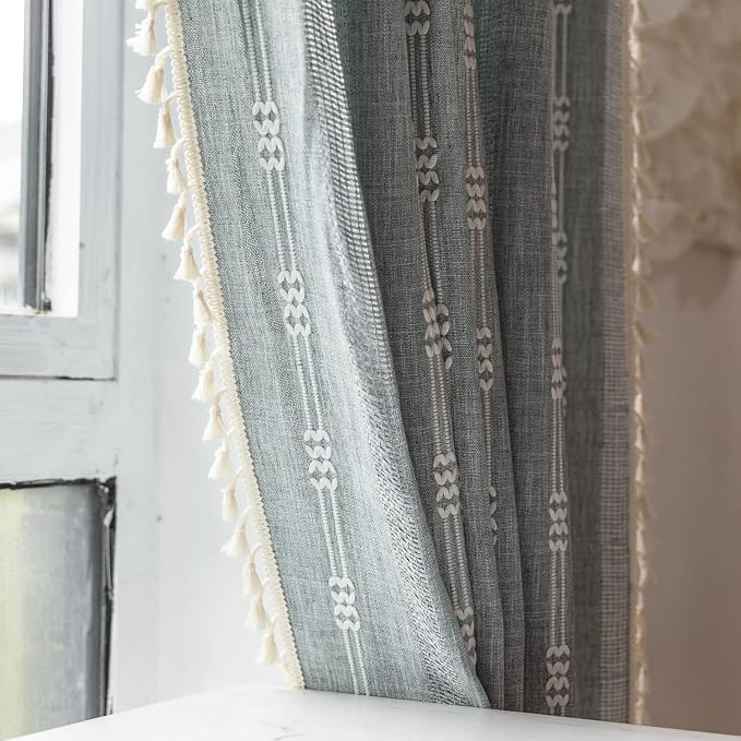 Boho Embroidery Striped Farmhouse Curtains - 96 Inch Long, 2 Panel Set, Blue Linen, Tassel, Semi-Blackout, Living Room (52" W x 96" L)