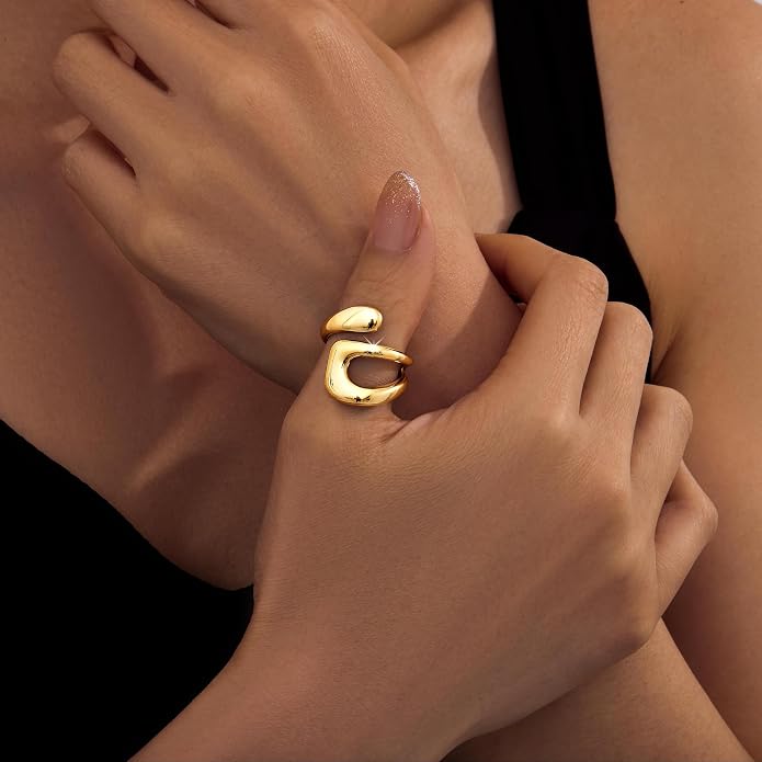Gelbesty Waterproof Gold Statement Rings for Women, 14K Gold Plated Chunky Open Stackable Rings Non Tarnish Fashion Adjustable Stainless Steel Pinky Knuckle Signet Vintage Ring Jewelry Size 5-11