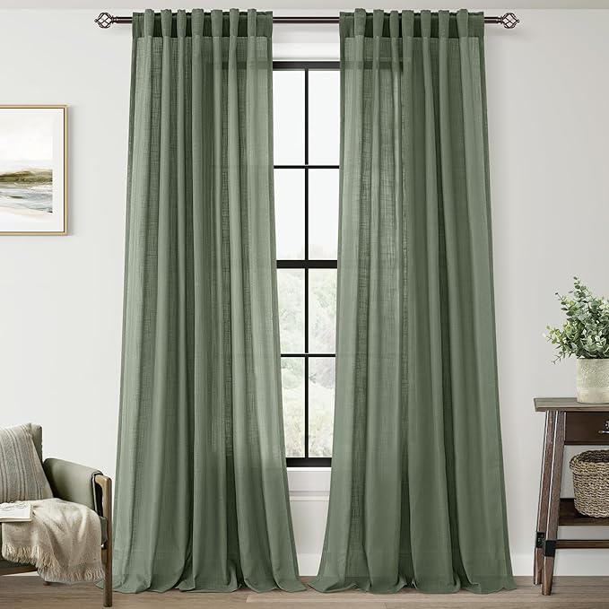 Linen Blend Olive Green Curtains 86 inch Length 2 Panels for Bedroom Back Tab Light Filtering Semi Sheer Drapes Linen Cotton Textured Loden Green Airy Modern Farmhouse Living Room Sage Aesthetic Decor