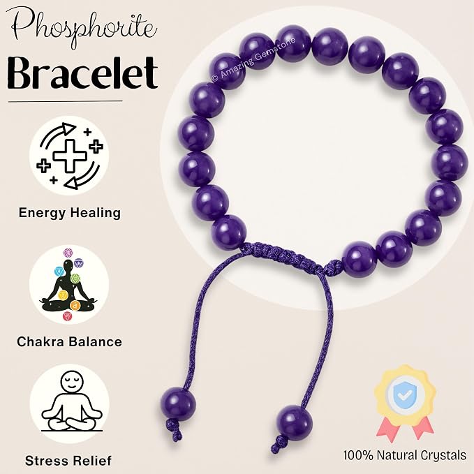 Amazing Gemstone Phosphodorite Bracelet for Women Men's Gifts - Protection Healing Crystal Bracelet - 8mm Beaded Adjustable Bracelet Pulseras para Hombres Mujer Stocking Stuffers