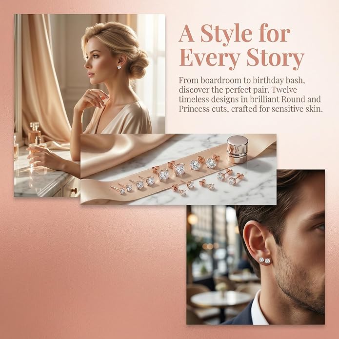 12 Pairs Stud Earrings Set, 3-8mm Cubic Zirconia Earrings for Women & Men 316L Stainless Steel Earring Hypoallergenic Small Earring Nickel Free