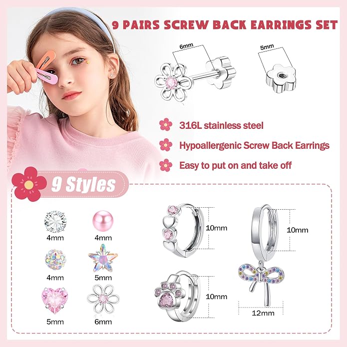GraceWhisper 9 Pairs Hypoallergenic Earrings For Girls Women-Surgical Stainless Steel Flower Flat Screw Back Stud Earrings For Sensitive Ears Cute Toddler Kids Baby Earrings
