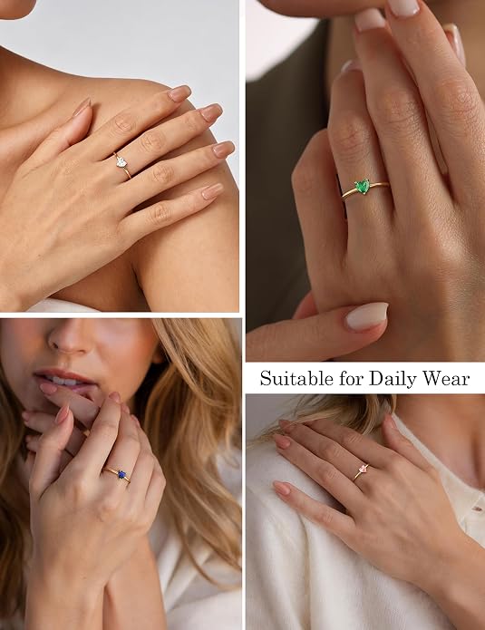 WFYOU Gold Heart Birthstone Rings for Women 14K Gold Plated Non Tarnish Stackable Pinky Cubic Zirconia Rings Emerald Dainty Gemstone Thumb Ring Band Cute Jewelry Birthday Gift Size 5-10