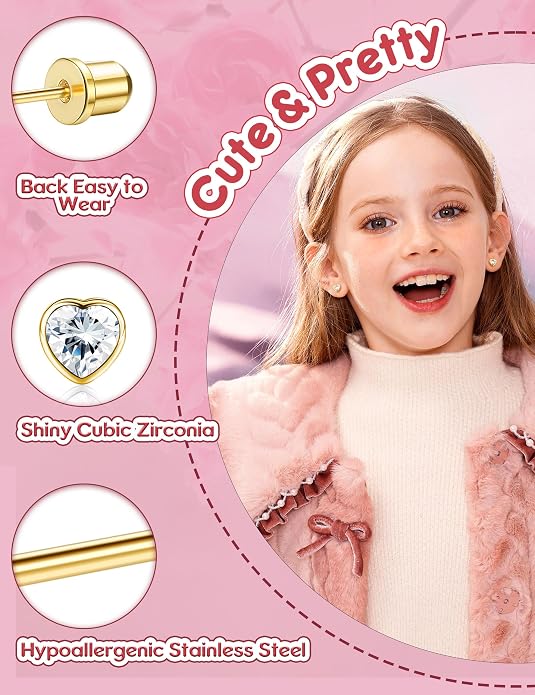 CASSIECA Hypoallergenic Earrings for Girls Kids Women Screw Back Surgical Stainless Steel CZ Heart Stud for Sensitive Ears Cute Jewelry Gift 20G