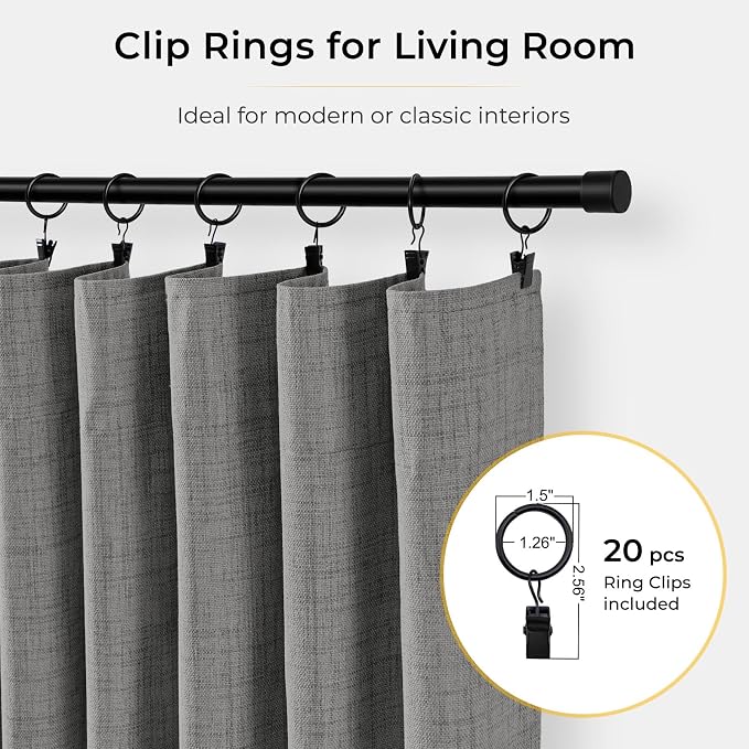 INOVADAY 100% Blackout Curtains for Bedroom, Dark Grey Black Out Curtains 63 Inch Long, Clip Rings Linen Blackout Drapes, Thermal Insulated Room Darkening for Living Room, 2 Panels - W50xL63