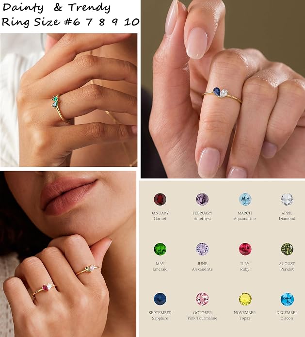 Mothers Day Gifts Gold Heart Birthstone Rings for Women Non Tarnish Stackable Pinky Ring Dainty 14K Gold Plated CZ Gemstone Ring Wedding Promise Ring Birthday Jewelry Gift for Mom