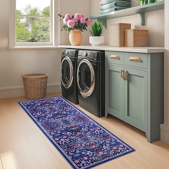 Runner Rug for Entryway: 2x5 Kitchen Rugs Non Slip Washable Ultra-Thin Soft Floral Carpet Indoor Floor Stain Resistant Carpets for Hallway Bedroom Kitchen Laundry Bathroom Dorm Blue