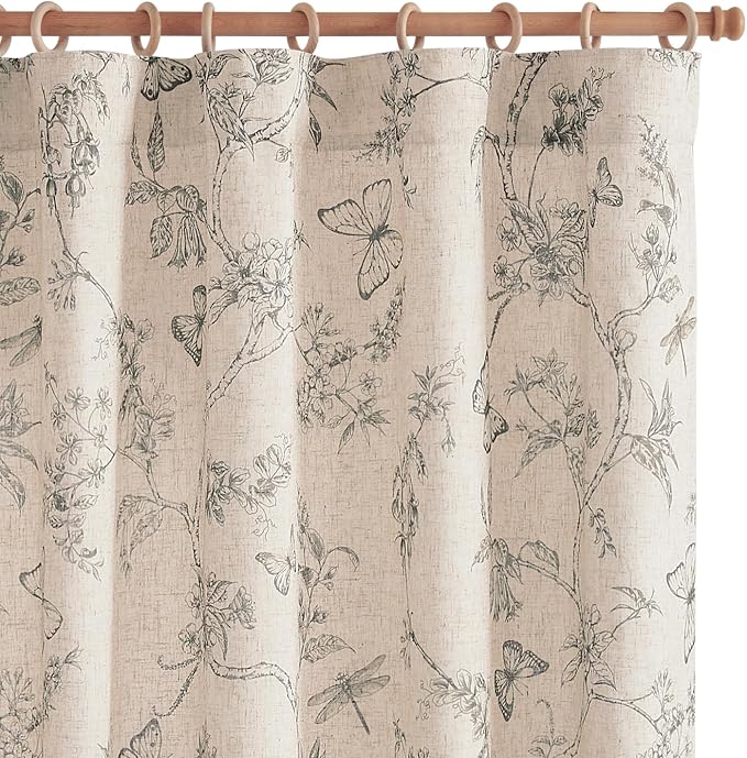 jinchan Grey Floral Linen Curtains Lined 96 Inch Vintage Back Tab 2 Panels | Privacy lining, light filtering drapes, cottagecore, french country, farmhouse, bedroom, living room, window treatment