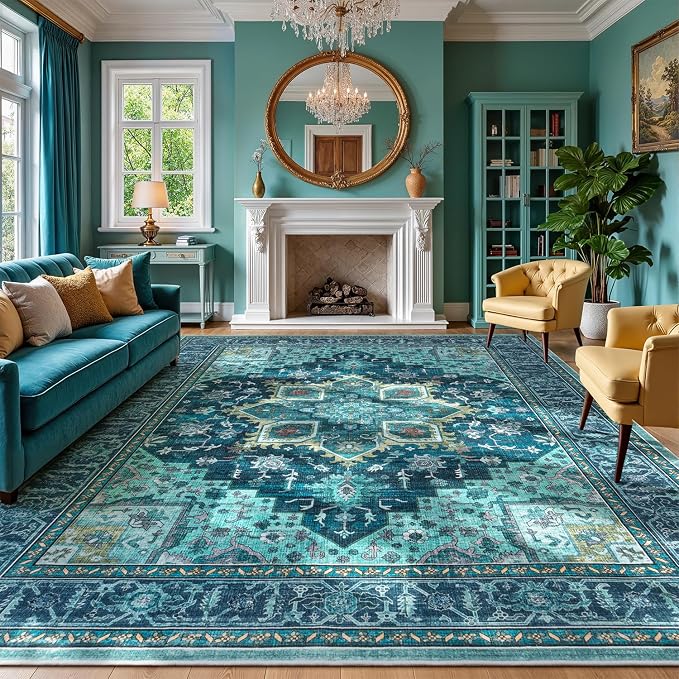 8x10 Turquoise Large Area Rugs for Living Room - Boho Teal Green Medallion Aesthetic Distressed Washable Rug, Soft Non-Slip Backing Low Pile Carpet for Dining Under Table, Bedroom, Office