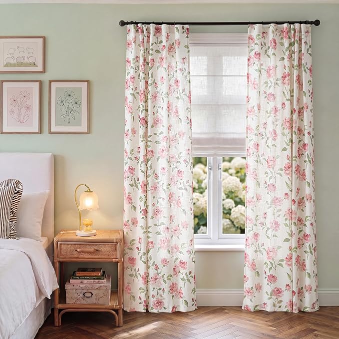 jinchan Pink Floral Linen Curtains 96 Inch Cottagecore Back Tab 2 Panels | Light filtering drapes, semi sheer, farmhouse, watercolor, romantic, living room, bedroom, rod pocket, window treatment
