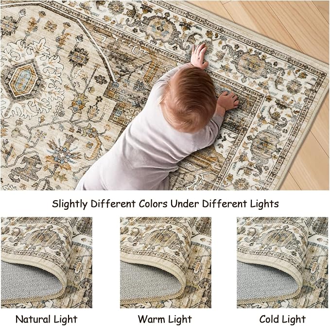 Roxstand 6x9 Washable Area Rug, Vintage Non Slip Rug, Beige/Brown | Large Area Rug, Non-slip Backing,Floral Vintage, Low Pile, For Living Room, Bedroom, Dining Room, Office