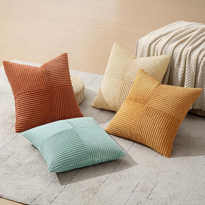 MIULEE Fall Boho Farmhouse Decorative Throw Pillow Covers 18x18 Inch 4 Packs Soft Vintage Pillow Cases Modern Corduroy Patchwork Cushion Covers for Couch Sofa Bed Home Decor, Teal-Rust