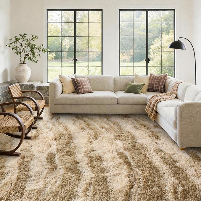Large Shaggy 6x9 Area Rugs for Living Room Decor, Non-Slip Tie-Dyed Rugs for Bedroom Kids Playroom Dorm Room, High Pile Ultra Soft Carpet, Khaki