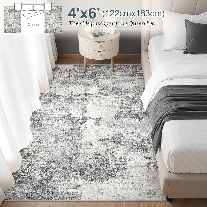 DMOYEST 4x6 Area Rug - Washable & Non Slip Indoor Rug for Living Room, Ultra Soft Abstract Low Pile Carpet, Kid & Pet Friendly Neutral Decor for Bedroom - Grey
