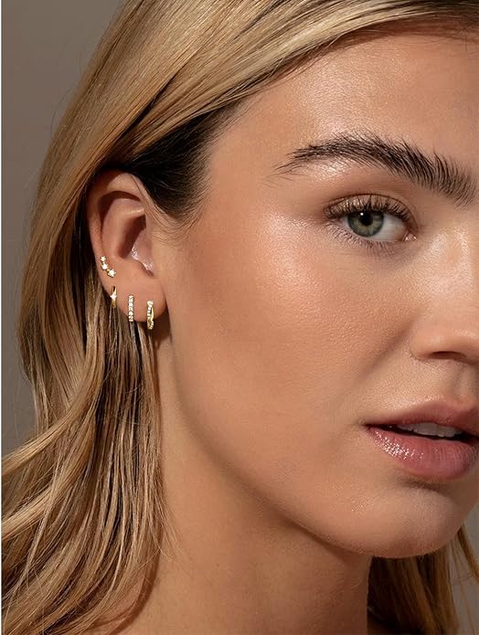 6 Pairs 14K Gold Plated Stud Earrings for Women, Hypoallergenic Cartilage Earrings for Multiple Piercing, Dainty Small Stackable Earrings Set for Jewelry Gift