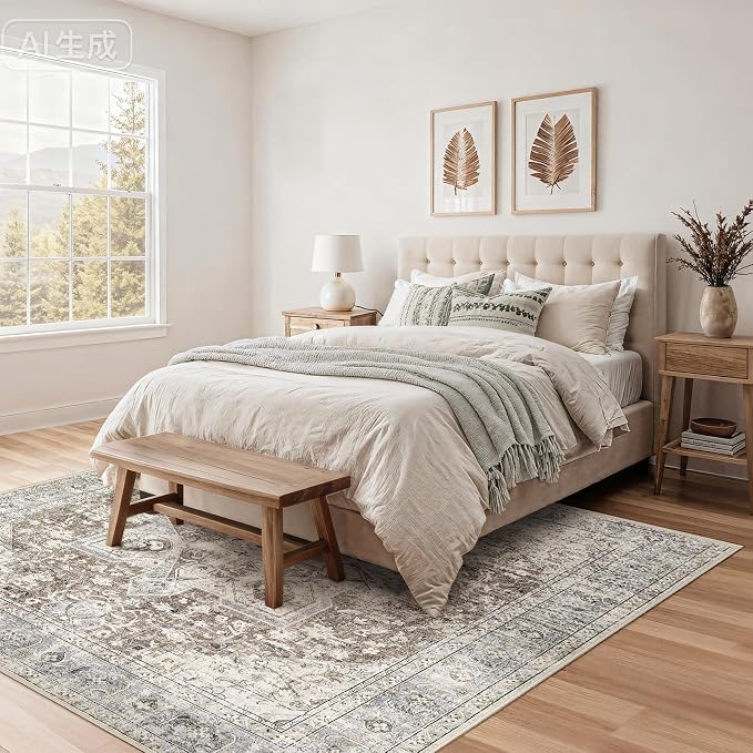 Tortania 8' Square Area Rug Living Room Rugs - Washable Boho Rug Vintage Oriental Distressed Farmhouse Large Thin Indoor Carpet for Bedroom Under Dining Table Home Office - Brown Blue