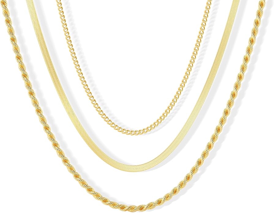 Freekiss Women's Layered Necklace Set - 3 Piece Dainty Gold Jewelry for Everyday Stacking | 14K Gold Plated Snake Chain, Rope Chain, Cuban Chain | Adjustable Length 14-18.5 Inch | Gift Ready