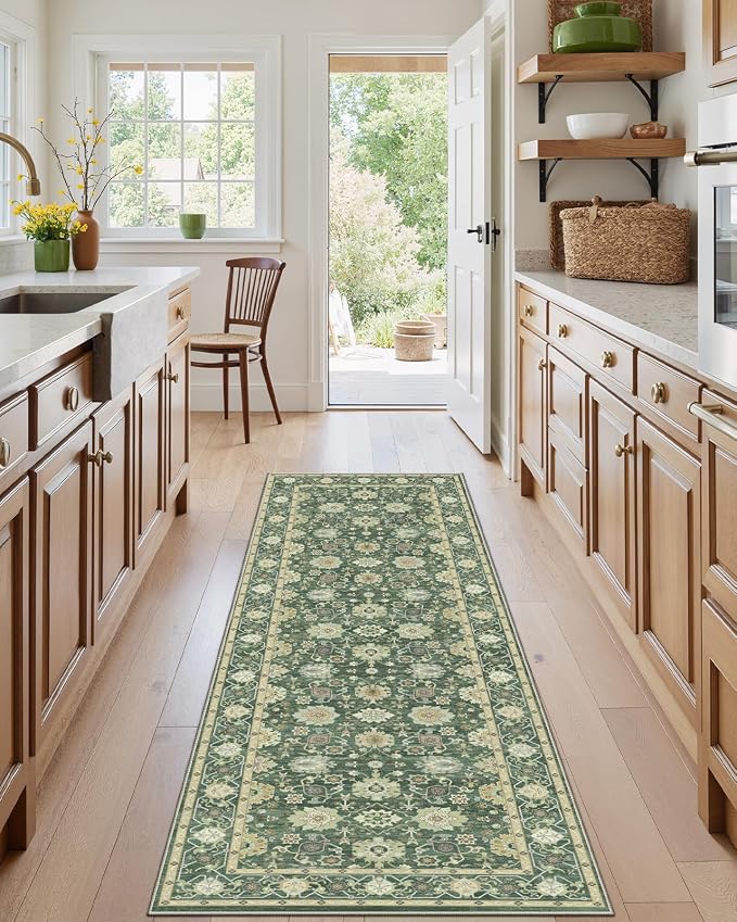 AMADA HOMEFURNISHING 2x6 Washable Entry Rug, Vintage Non-Slip & Low-Pile Kitchen Area Rug for Hallway Bathroom Door Mat Indoor Entrance, Olive Green
