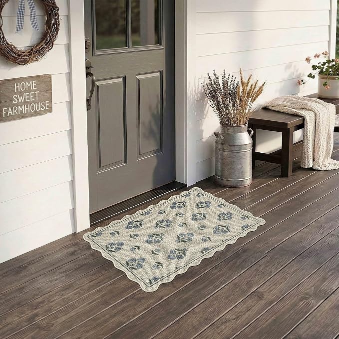 ORTIGIA Scalloped Easy Jute 2x3 Area Rug Vintage Blue Block Floral Farmhouse Washable Rug Non-Slip Indoor Outdoor Carpet for Living Room Bedroom Kitchen Patio Entryway