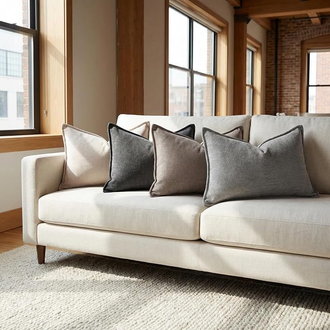 12x20 Inches Throw Pillow Covers Set of 4 Soft Textured Chenille Decorative Cushion Cases for Couch Sofa Bed Modern Farmhouse Neutral Accent Covers with Hidden Zipper Beige Coffee
