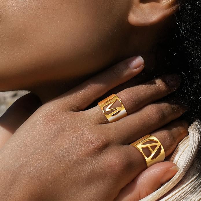 KeyStyle Bold Initial Letter Rings Adjustable, GoldChic Jewelry Women Gold Statement Ring Personalized Engraved Women’s Open Signet Ring for Party (Gold, White Gold, Black)