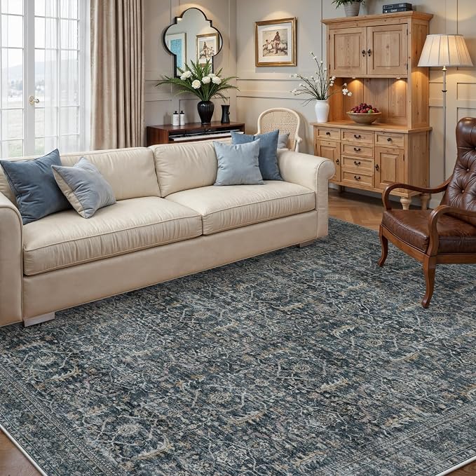 Collive Washable Area Rug 8x10, Vintage Distressed Rugs for Living Room Rugs 8x10 Non Slip Modern Bedroom Carpet Stain Resistant Aesthetic Print Accent Floor Mat for Dining Office - Blue/Grey