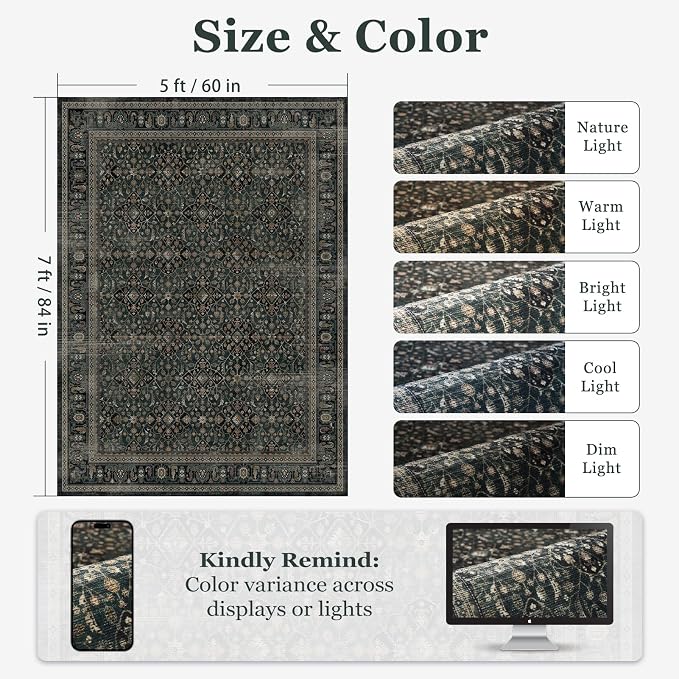 Dark Teal 5x7 Rugs for Living Room Bedroom, Washable Rug with Vintage Floral Trellis Pattern, Non Slip Low Pile Soft Carpet Rugs for Den/Home Office/Kitchen/Foyer, Teal Green Brown Accents