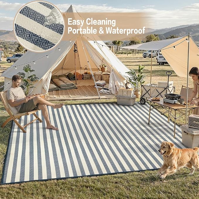 HUGEAR 8'x10' Outdoor Rug Waterproof Plastic Straw Rugs Large Blue Stripe Reversible Mat Floor Carpet for Camping RV Deck Entryance Porch Picnic Balcony Beach Backyard