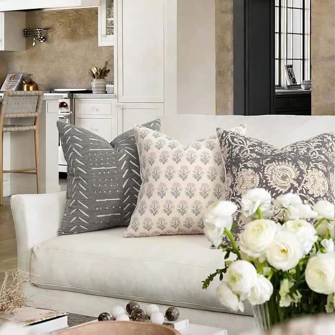 Farmhouse Floral Pillow Covers 20x20 Set of 2, Country Botanical Throw Pillow Cover for Sofa Couch Bed Living Room, Rustic Vintage Flower Cushion Covers Cottage Home Decor,Rustic Gray