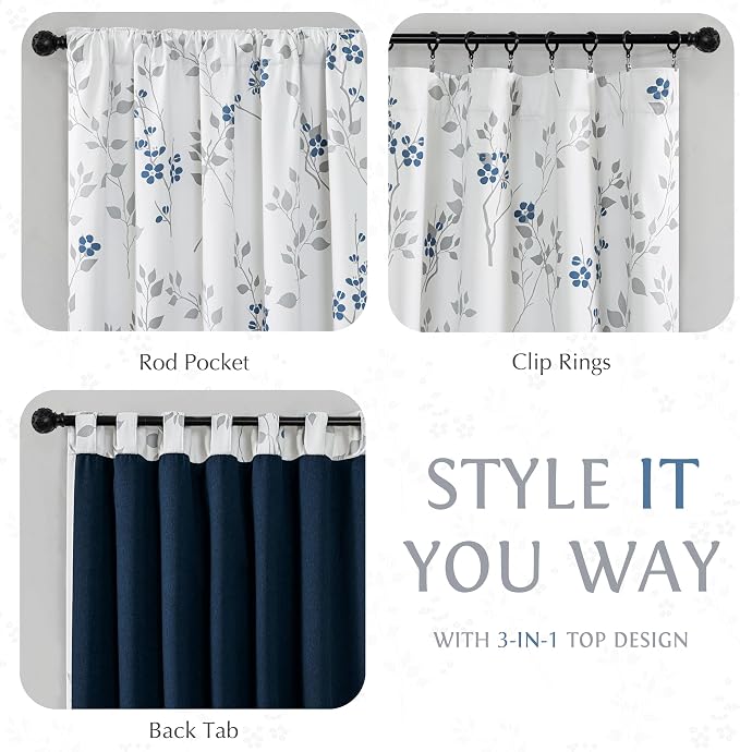 Beauoop Floral 100% Blackout Curtains for Bedroom Blue Grey 52X63 2 Panels | Flower Patterned Blue White Room Darkening Drapes for Living Room 63 Inch Long Thermal Soundproof Window treatment Rod Pocket