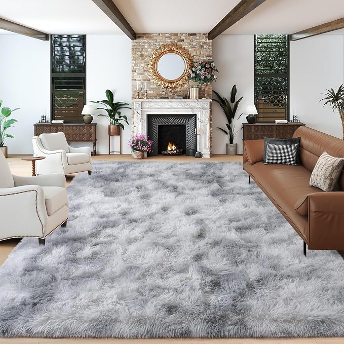 Dssimo 9x12 Area Rugs for Living Room, Gray Tie-Dyed Plush Fluffy Carpet | Upgrade Non-Slip Thick Large Gray Shag Rugs for Bedroom Nursery Kids Room Dorm Room Home Decor, Indoor Plush Floor Carpet