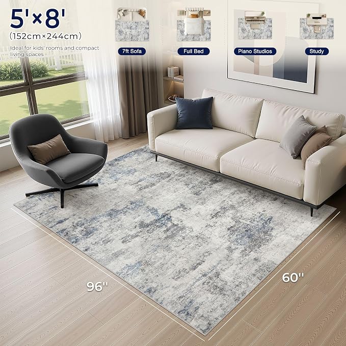 DMOYEST 5x8 Area Rug - Washable & Non Slip Indoor Rug for Living Room, Kid & Pet Friendly Abstract Low Pile Soft Carpet for Bedroom and Dining Room - Grey Blue