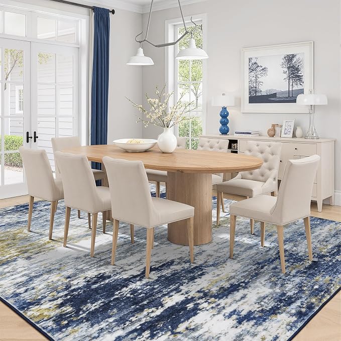 Lofus 8x10 Area Rug for Living Room,Abstract Large Rugs with Non-Slip Backing, Neutral Modern Washable Carpet for Bedroom Dining Room Home Office Nursery Indoor, Dark Blue/Brown