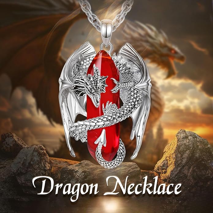 INFUSEU Unique Dragon Necklaces with Healing Crystal Stone for Men Women, Personalized Spiritual Gifts, 24 Inch Chain