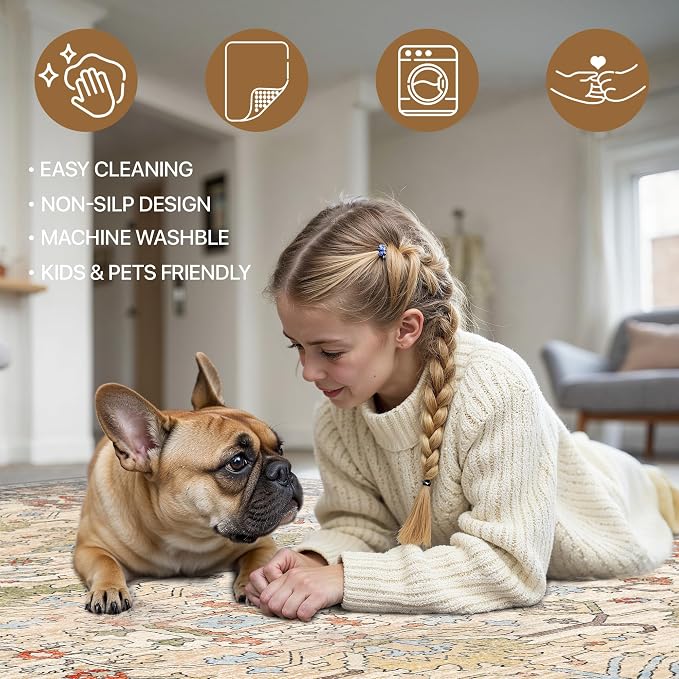 Bavni 6x9 Area Rugs Boho Washable Rugs for Living Room Non-Slip, Ultra Thin Low Pile Vintage Rug for Bedroom Dinning Room Office, Modern Farmhouse, Ivory/Teal